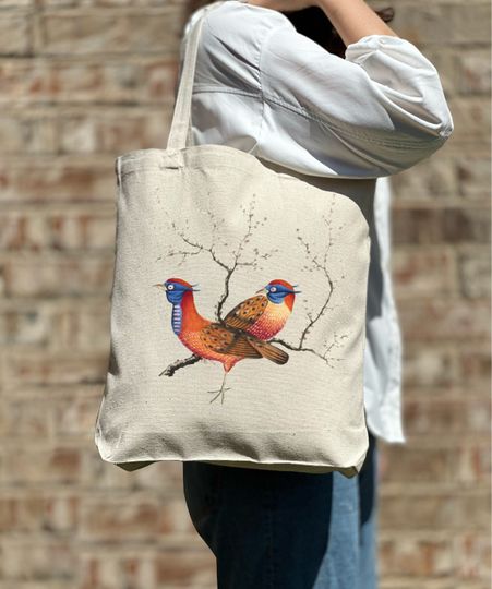 Floral Bird Tote Bag – Almond Blossom Canvas Bag, Cute Animal Lover Gift Tote