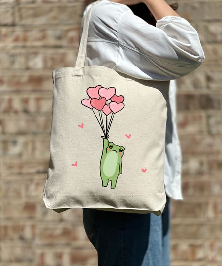 Funny Frog Balloon Tote Bag – Cute Frog Gift for Frog Lover, Aesthetic Canvas Bag