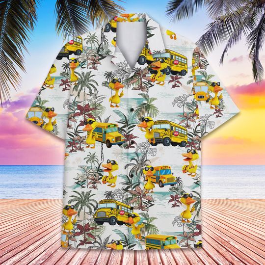 Funny Duck School Bus Hawaiian Shirt for Men Women, Tropical Summer Beach Vacation Shirt, Cool Duck Sunglasses Novelty Button Down Shirt
