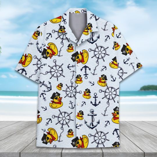Funny Pirate Rubber Duck Hawaiian Shirt for Men Women Youth, Cute Nautical Summer Shirt, Anchor & Wheel Short Sleeve Button Down