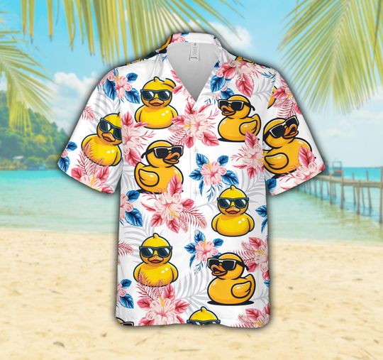 Cool Rubber Duck Hawaiian Shirt For Men & Women, Hibiscus Flowers And Sunglasses Duck Button Up Shirt, Tropical Summer Beach Aloha Shirt