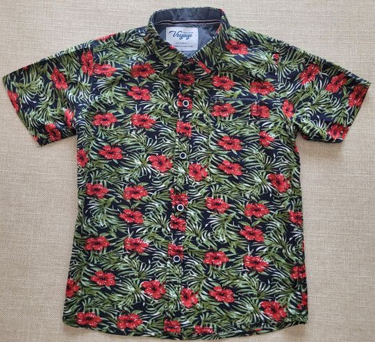 Boy's Hawaiian Shirt, Kids Aloha Shirt, CRAFT+FLOW Voyage California Surf Beach Shirt, 100% Cotton Hibiscus Button Down, Kids Size 6 - Large