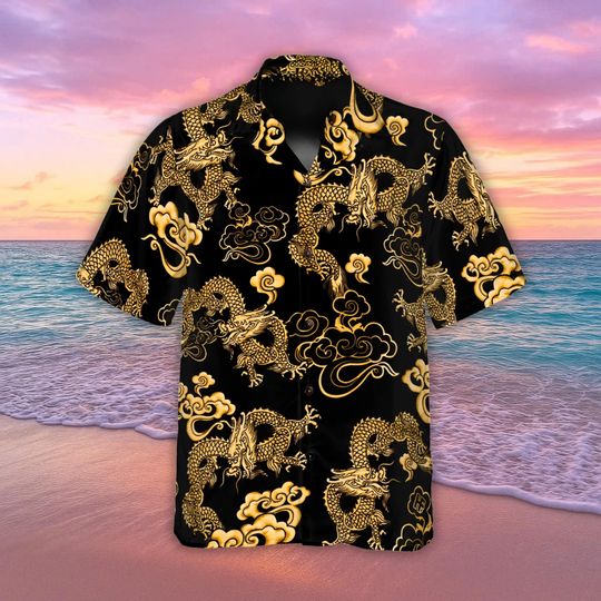 Black Gold Dragon Hawaiian Shirt for Men Women, Summer Beach Outfit, Dragon Lovers Gift
