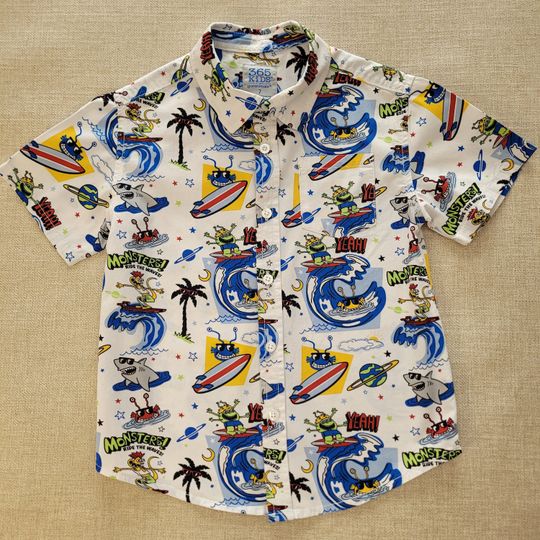 Boy's Hawaiian Shirt, Kids Monster Surfer Shirt, 365 Kids GARANIMALS Aloha Shirt, 100% Cotton Beach Shirt Boys Size 7, Also Comes in Size 5