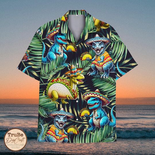 Taco Dinosaur Hawaiian Shirt For Men Women, Dinosaur Button Down Shirt, Summer Beach Holiday Mens Casual Shirt, Mexican Hawaiian Shirt