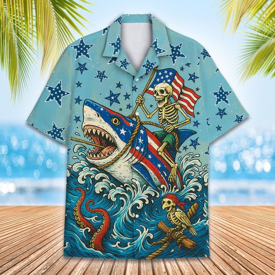 Skeleton Shark Hawaiian Shirt for Men Women Youth, Patriotic USA Flag Shark Aloha Shirt, Funny Pirate Skeleton Summer Beach Button Down