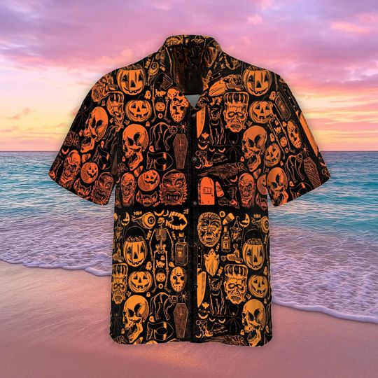 Halloween Pattern Hawaiian Shirt, Horror Character Button Tee, Everyday Is Halloween Shirt, Pumpkin Skull Beach Shirt, Holiday Gift For Men