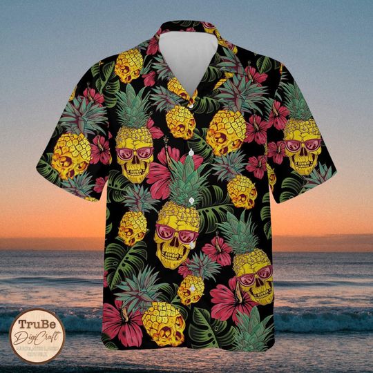 Tropical Pineapple Skull Hawaiian Shirts for Men Women, Skull Shirt Aloha Summer Beach Shirt Short Sleeve Button Down, Skull Lover Shirt