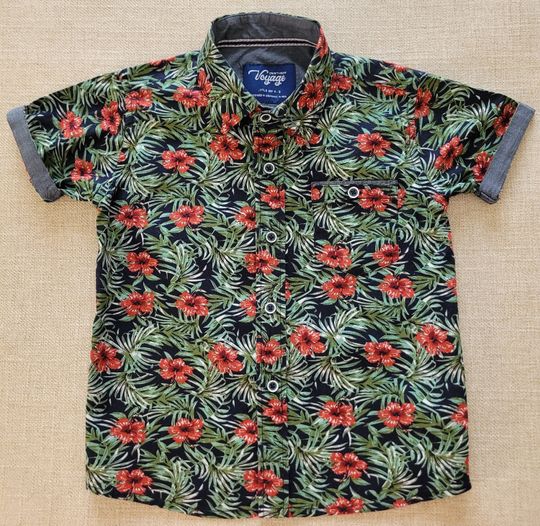 Boy's Hawaiian Shirt, Kids Aloha Shirt, CRAFT+FLOW Voyage California Surf Beach Shirt, 100% Cotton Hibiscus Button Down, Kids Size 4 - Small