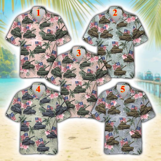 Military Tank & American Flag Hawaiian Shirt For Men Women, Tropical Floral Patriotic Button Up Shirt, Memorial Day Summer Beach Aloha Shirt