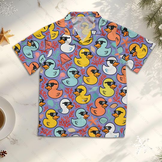 Colorful Duck  Hawaiian Shirt, Funny Rubber Duck Summer Aloha Shirt, Lightweight Short-Sleeve Button-Up, Summer Beach , Duck Lovers Shirt