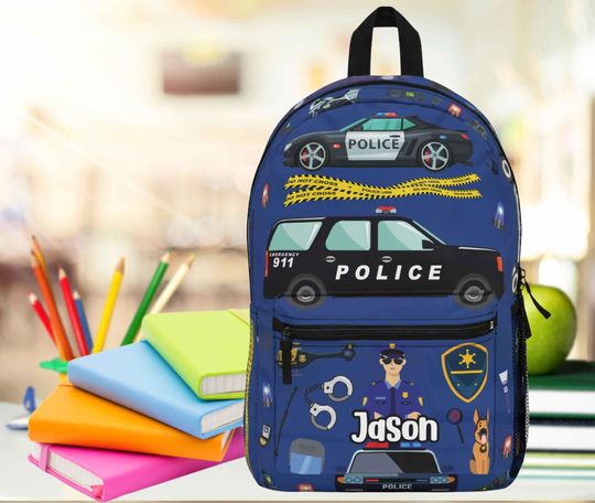 Police Backpack, Personalized Policeman bookbag, Kids Officer back pack, Custom swat knapsack, Police car lover gift for son or grandson