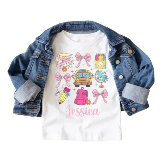 Coquette Back to School Shirt with Bows, Custom Name Girl Gift Tee
