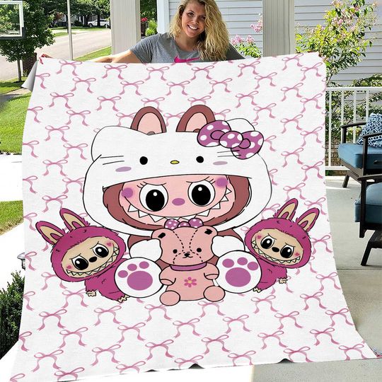 Labubu Plush Fleece Blanket, Cute Kawaii Bedding for Kids & Adults, Cartoon Comforter, Gift for Anime Fans