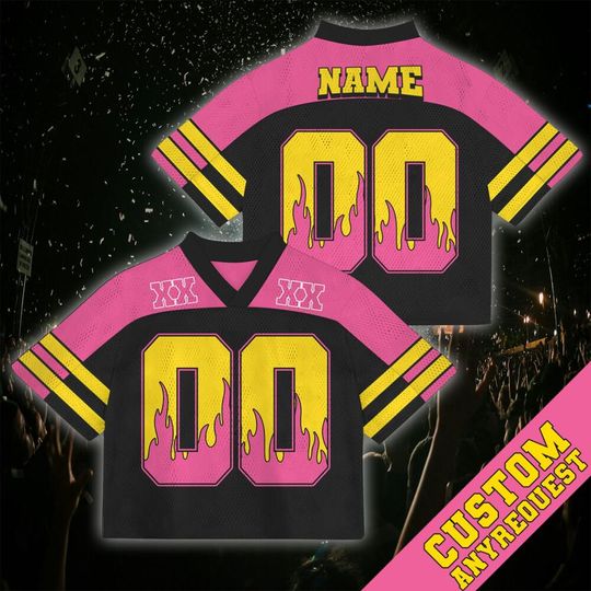 Customized Name And Number Yellow Fire Pink With Number Mesh Croptop Football Jersey, Custom Concert Jersey