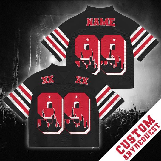 Personalized Name And Number Black Red Mesh Croptop Football Jersey, Custom Fire Est Year Concert Football Jersey, Game Day Jersey