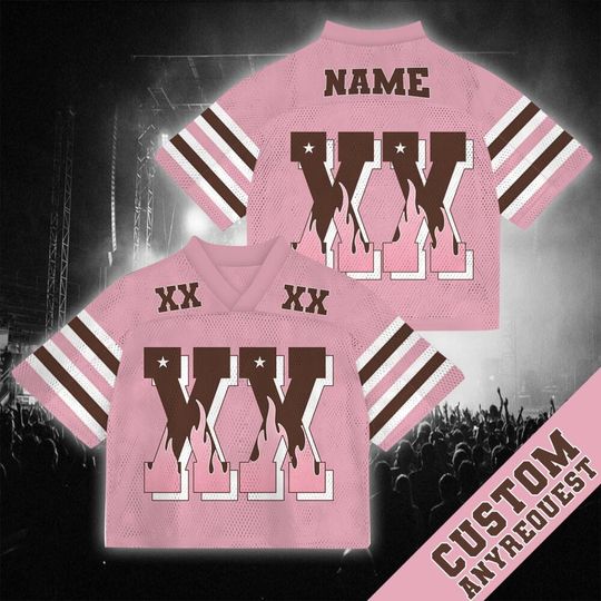 Personalized XX Name And Number Natural Pink Mesh Croptop Football Jersey, Custom Fire Concert Football Jersey, Croptop Jersey