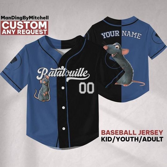 Custom Ratatouille Baseball Jersey – Two-Tone Blue & Black Remy Gusteau’s Shirt