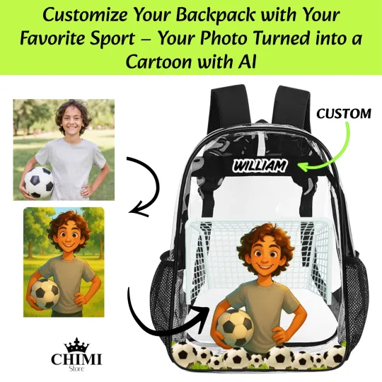 AI Cartoon Sport Backpack – Custom with Your Photo - Clear Backpack