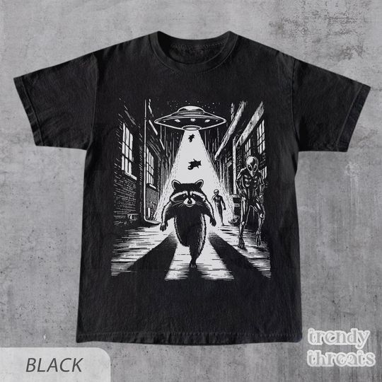 Raccoon Running from Aliens Shirt, Funny Vintage Meme Tee, Y2K Trash Panda Graphic Shirt