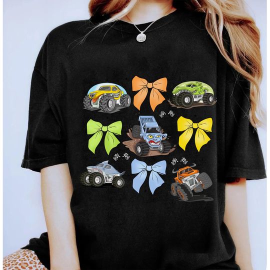 Coquette Monster Truck Mama Shirt, Mama Bow T-Shirt, Checkered Coquette Mama Tee, Gift Boy Mom, Mother's Day