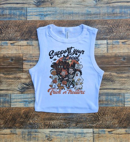 Support Trick or Treat Crop Tank, Retro Halloween Baby Tee, Skeleton Ghost Mummy Tee