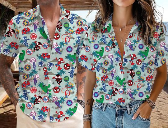 Spidey and Friends Aloha Shirt, Superhero Vacation Shirt, Disney Hero Button Down