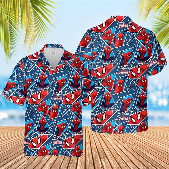 Spidey Hawaiian Shirt, Web Slinger Button Up, Comic Hero Family Vacation Gift