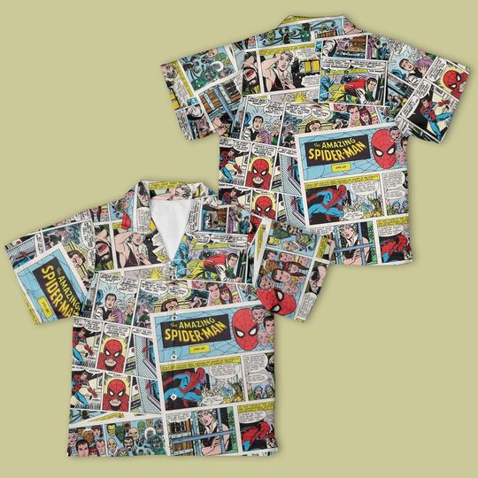 Amazing Spidey Comics Hawaiian Shirt, Web Slinger Button Down, Disney Trip Outfit