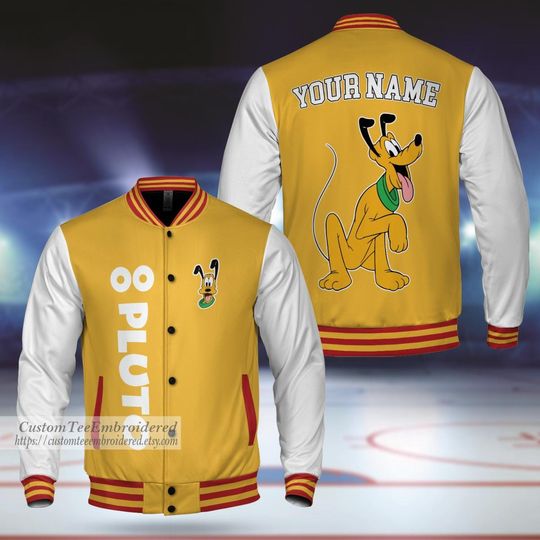 Custom Pluto Varsity Jacket, Disney Character Baseball Outfit, Personalized Teamwear