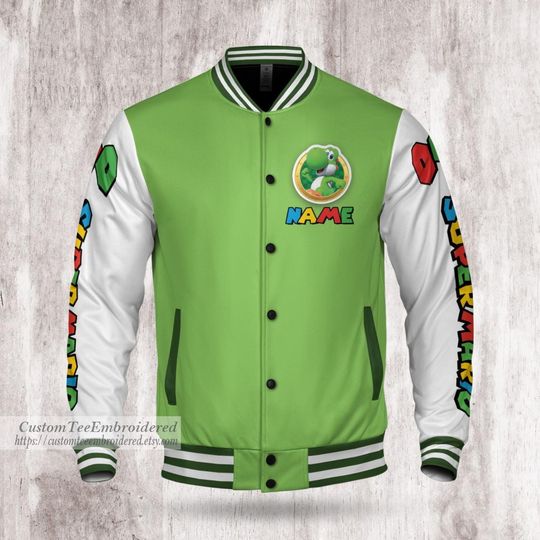 Custom Yoshi Varsity Jacket, SupMario Gamer Wear, Personalized Gift for Players
