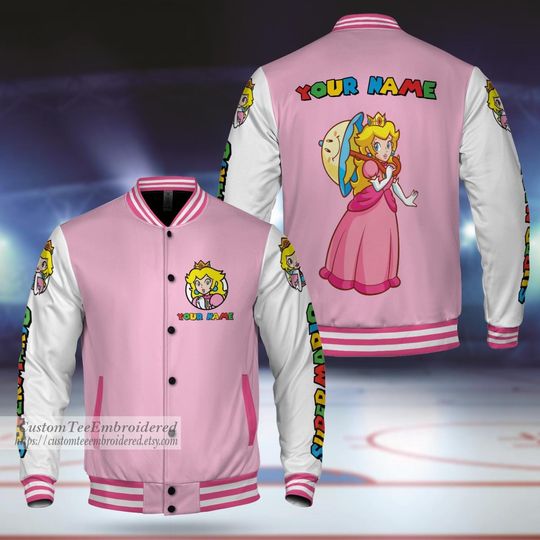 Custom Princess Peach Baseball Jacket, SupMario Gamer Outfit, Personalized Player Gift