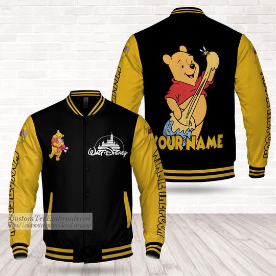 Custom Pooh Bear Baseball Jacket, Disney Character Varsity, Personalized Outfit Gift