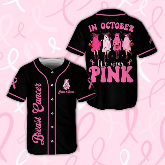 Breast Cancer Awareness Halloween Jersey - Custom Pink Ghost Baseball Shirt