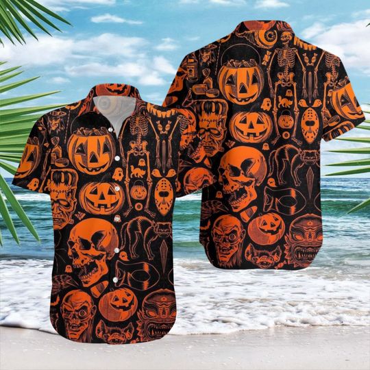Vintage Halloween Hawaiian Shirt, Retro Skull Pumpkin Monster Witch Button Shirt, Spooky Season Gift, Halloween Party Outfit For Men
