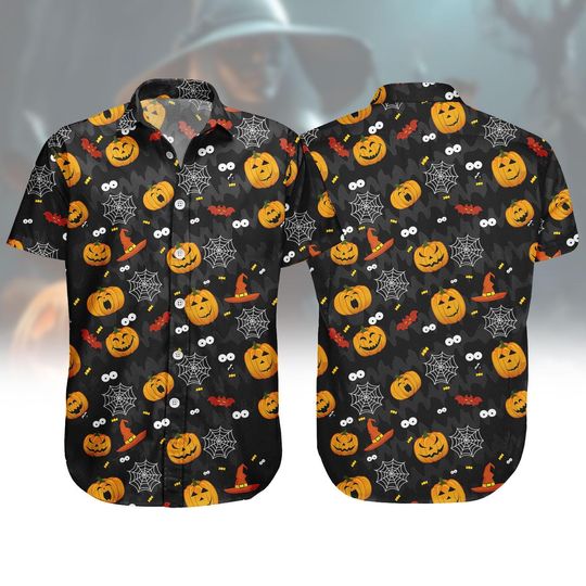 Funny Halloween Pumpkin Button Shirt, Unisex Horror Party Shirt, Bat & Spiderweb Print Short Sleeve Shirt, Cosplay Shirt for Men And Wo