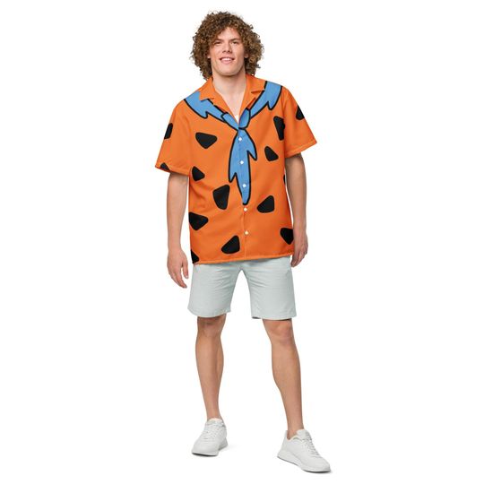 Fred Flintstone Costume 2XS - 6XL Plus Size Cave Man Cosplay button up Short Sleeve Shirt Halloween Dress up Cartoon Movie Character Gift