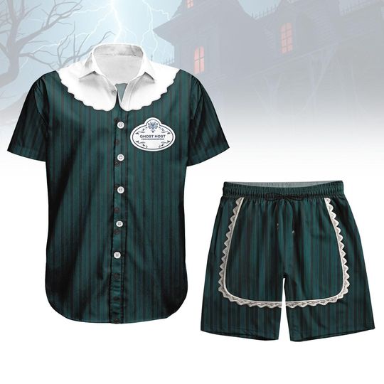 Haunted Mansion Maid Button Shirt Shorts, Ghost Host Cosplay Outfit, Halloween Disneyland Costume, Spooky Theme Park Matching Outfit