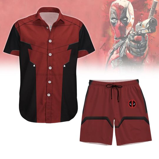 Halloween Deadpool Hawaiian Shirt/Short, Deadpool Button Shirt, Deadpool 3 Men's Shorts, Halloween Deadpool Cosplay Shirt