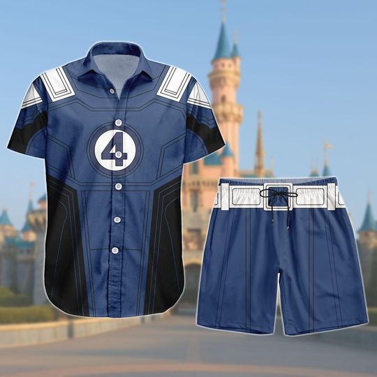Fantastic Four Costume Button Shirt Shorts, Superhero Outfits, Marvel Vacation Button Shirt, Halloween Cosplay Outfit, Hero Shirt Set
