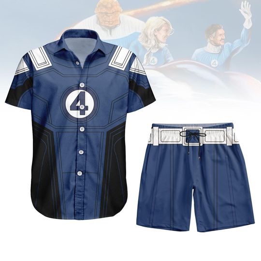 Fantastic Four Costume Button Shirt Shorts, Superhero Outfits, Marvel Vacation Button Shirt, Halloween Cosplay Outfit, Hero Shirt Set