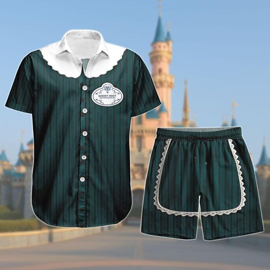Haunted Mansion Maid Button Shirt Shorts, Ghost Host Cosplay Outfit, Halloween Disneyland Costume, Spooky Theme Park Matching Outfit