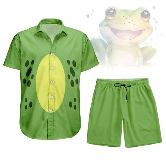 Frog Costume Hawaiian Shirt Short, Green Frog Cosplay Outfit, Cute Animal Halloween Button Shirt, Cosplay Halloween Button Shirt