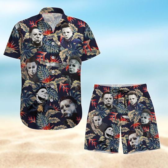 Michael Myers Button Shirt/Shorts, Horror Movie Hawaiian Shirt, Summer Shorts Men, Tropical Aloha Shirts Men, Beach Outfit For Summer