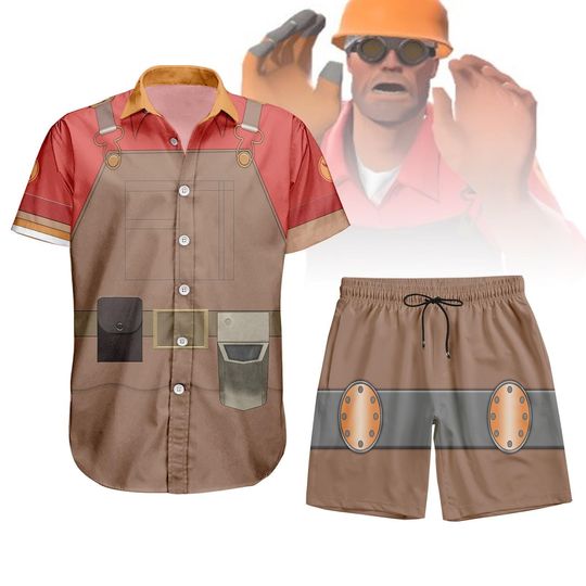 Engineer TF2 Button Shirt And Shorts, Team Fortress 2 Shirt For Men, TF2 Costume Button Up Shirt, Video Game Shirt For Fan