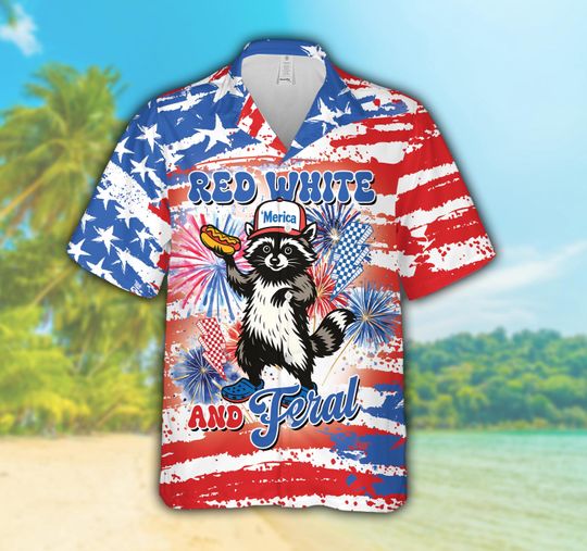 Red White And Feral Hawaiian Shirt, Merica Raccoon 4th Of July Button Up Shirt With Hotdog, Stars Stripes Fireworks Independence Day Shirt