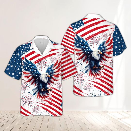 Retro Eagle 4th Of July Hawaiian Shirt, Independence Day US Flag Button Up Shirt, Patriotic Freedom Red White Blue Shirt