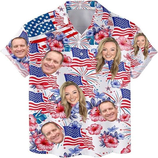 Custom Face Hawaiian Shirt For Men Women - 4th July Independence Day, US American Flag, Fireworks Tropical & Flowers, Fun Patriotic Design