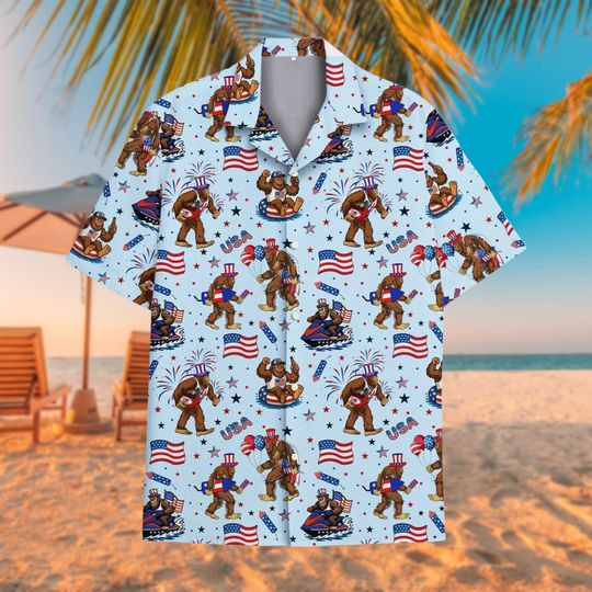 Patriotic Bigfoot Hawaiian Shirt, Aloha Shirt, Forth of July Sasquatch Lightweight Short-Sleeve Button-Up, Independence Day, Bigfoot Lovers