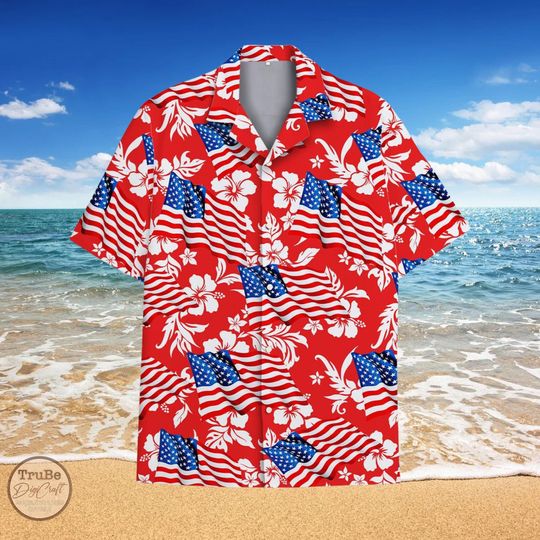 Patriotic US Flag Hawaii Shirt for Men Women Youth, Summer Aloha Shirt, Trendy 4th of July, Memorial Day, Veteran Gifts, Independence Day